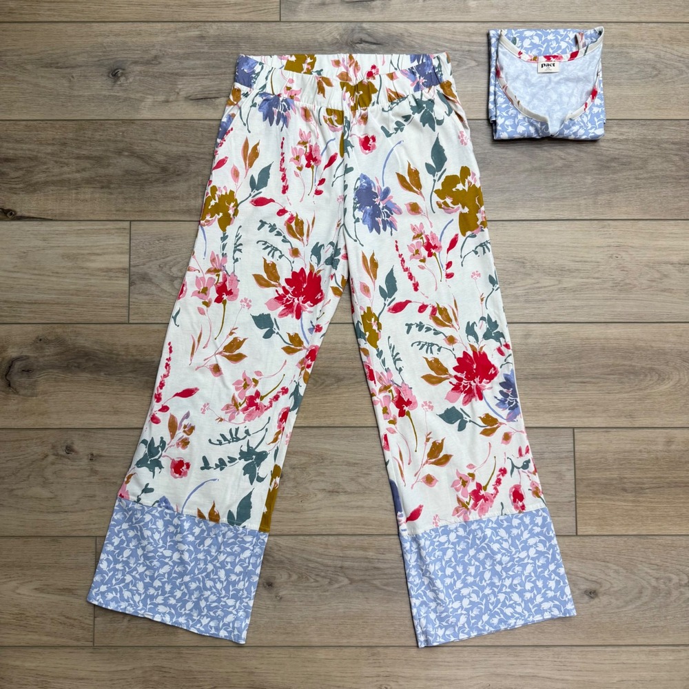 Pact Staycation Organic Cotton Floral Pajama Set Blue White Red Medium - Picture 8 of 14